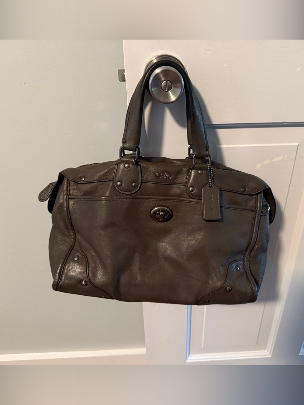 Coach Rhyder Leather Satchel Bag in Mink / Metallic Grey – Gunmetal Hardware